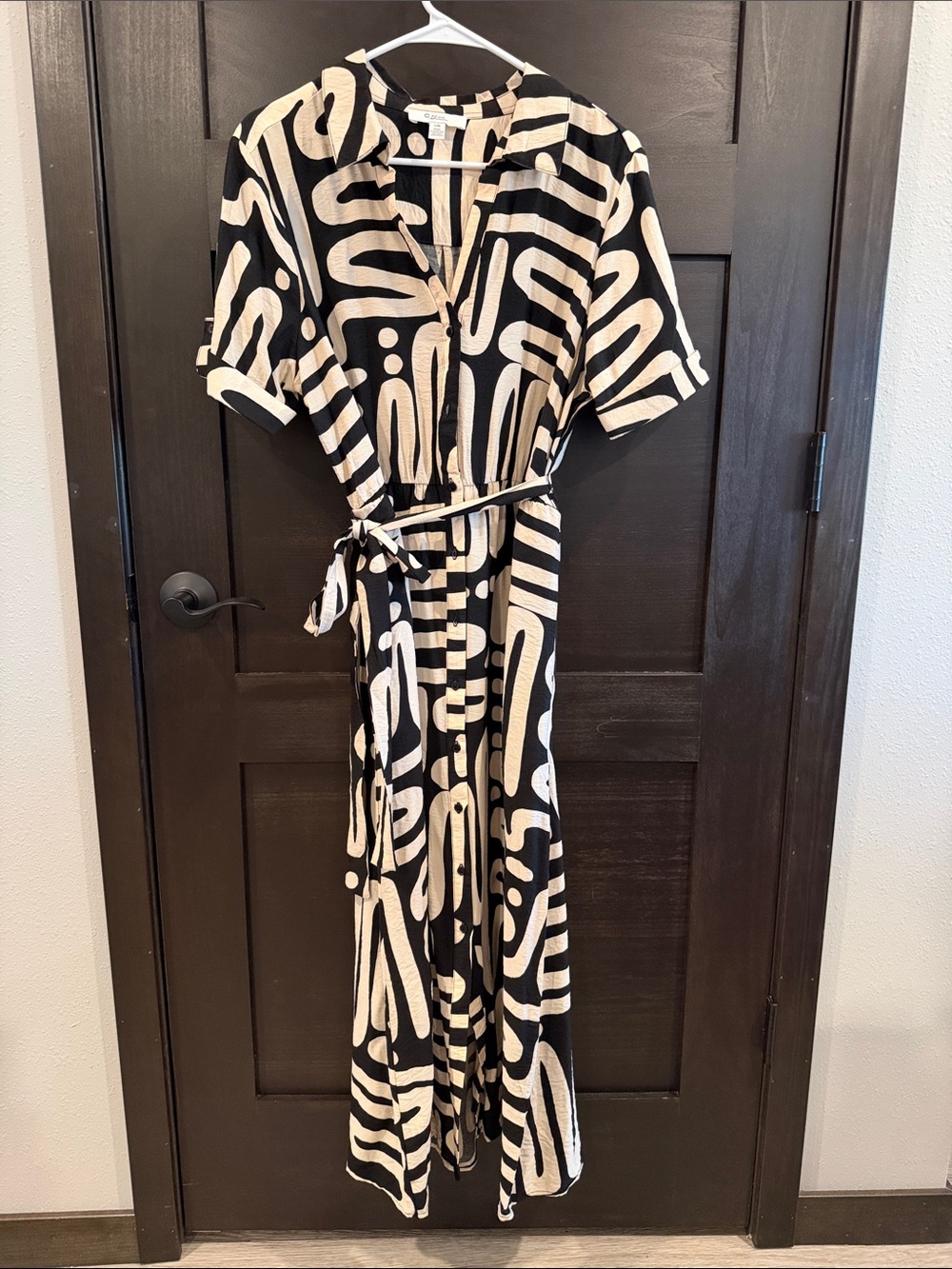 Black and Cream Abstract Print Maxi Wrap Dress